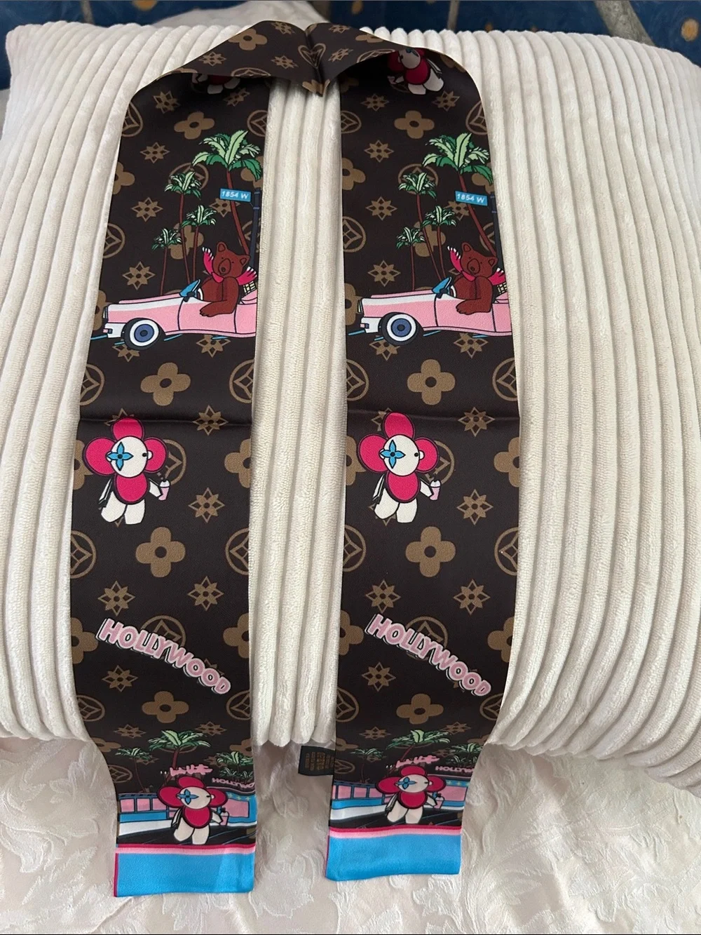 Brown Floral Double Sided Monogram Silk Feeling Twilly or Scarf.